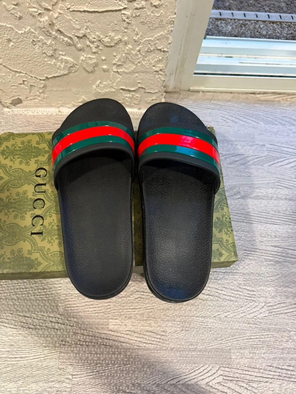 Gucci Black Slides with Green and Red Stripes
